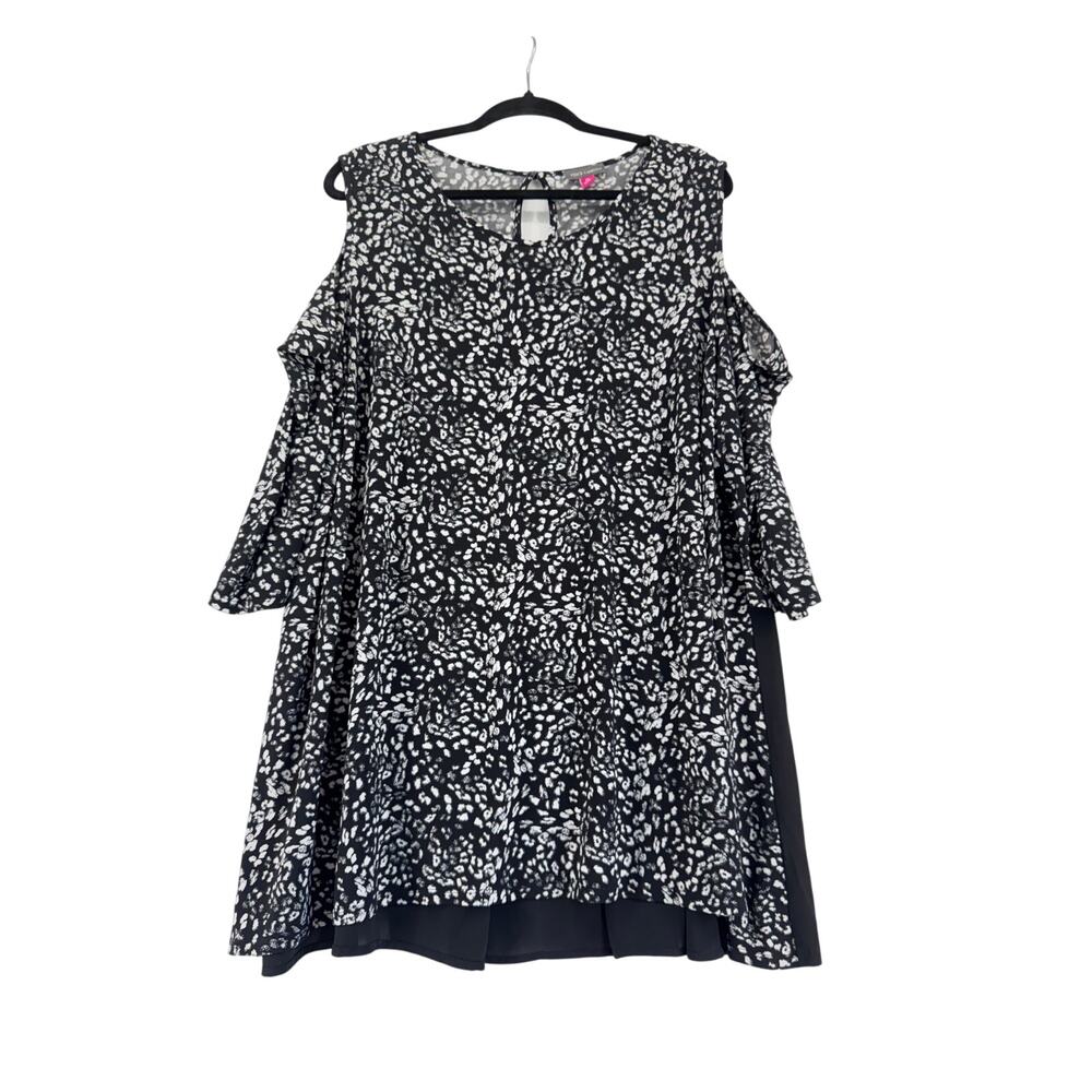 Vince Camuto 2X Black White Print Cold Shoulder Dress Sheer Back Keyhole Detail